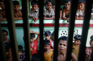 Myanmar Rohingya people gather at a local mosque before the Friday prayers in a village north of the town of Sittwe
