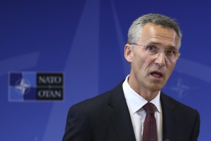 New NATO Secretary General Stoltenberg addresses a news conference in Brussels
